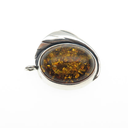 925 Sterling Silver Vintage Real Amber Modernist Floral Oxidized Charm Pendant