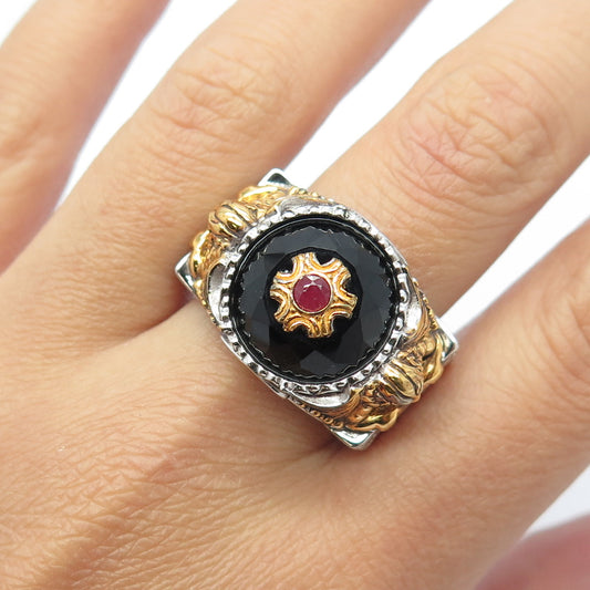 FRANKLIN MINT Sterling Silver 2-Tone Real Ruby Black Spinel Griffin Ring Size 12