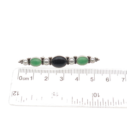 JGD Janice Girardi 925 Sterling Vintage Real Black Onyx Chalcedony Pearl Brooch