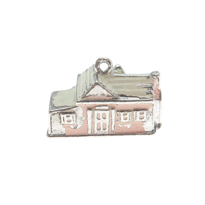 WELLS 925 Sterling Silver Antique Enamel Old Church Minimalist 3D Charm Pendant
