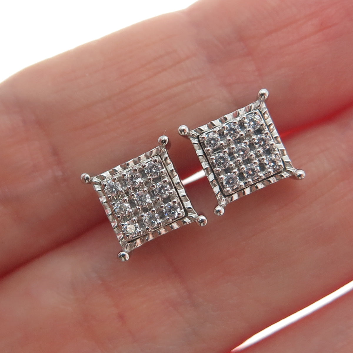 925 Sterling Silver Round-Cut Shaped C Z Sparkle Square Stud Earrings