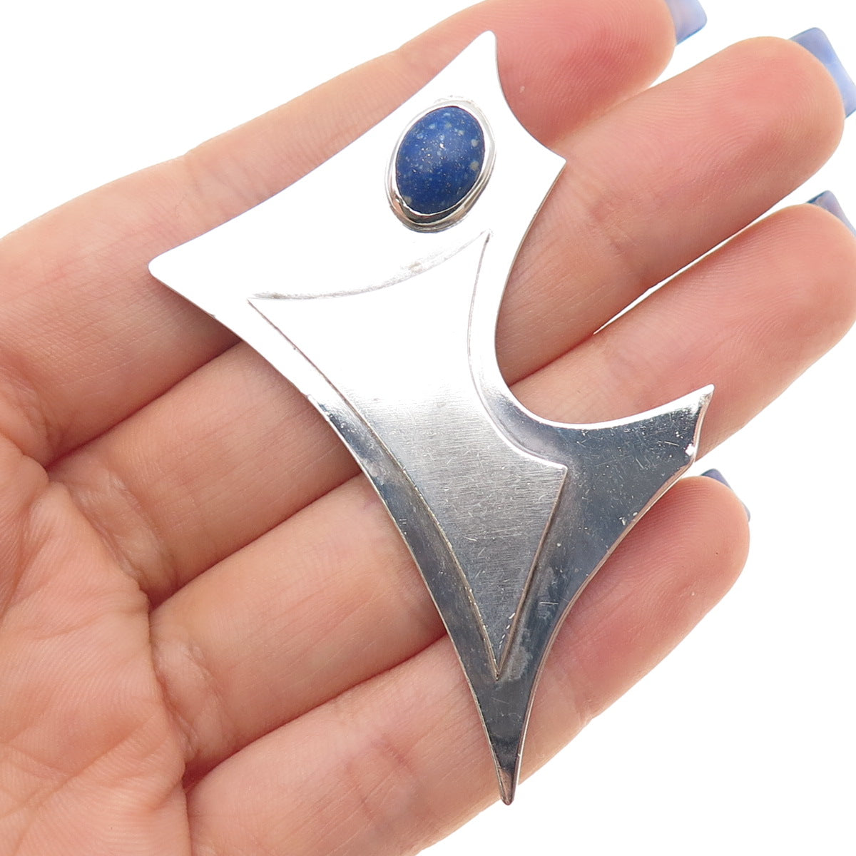 925 Sterling Silver Vintage Real Lapis Lazuli Modernist Pin Brooch