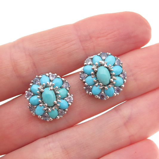 Chuck Clemency 925 Sterling Silver Real Turquoise & Tanzanite Floral Earrings
