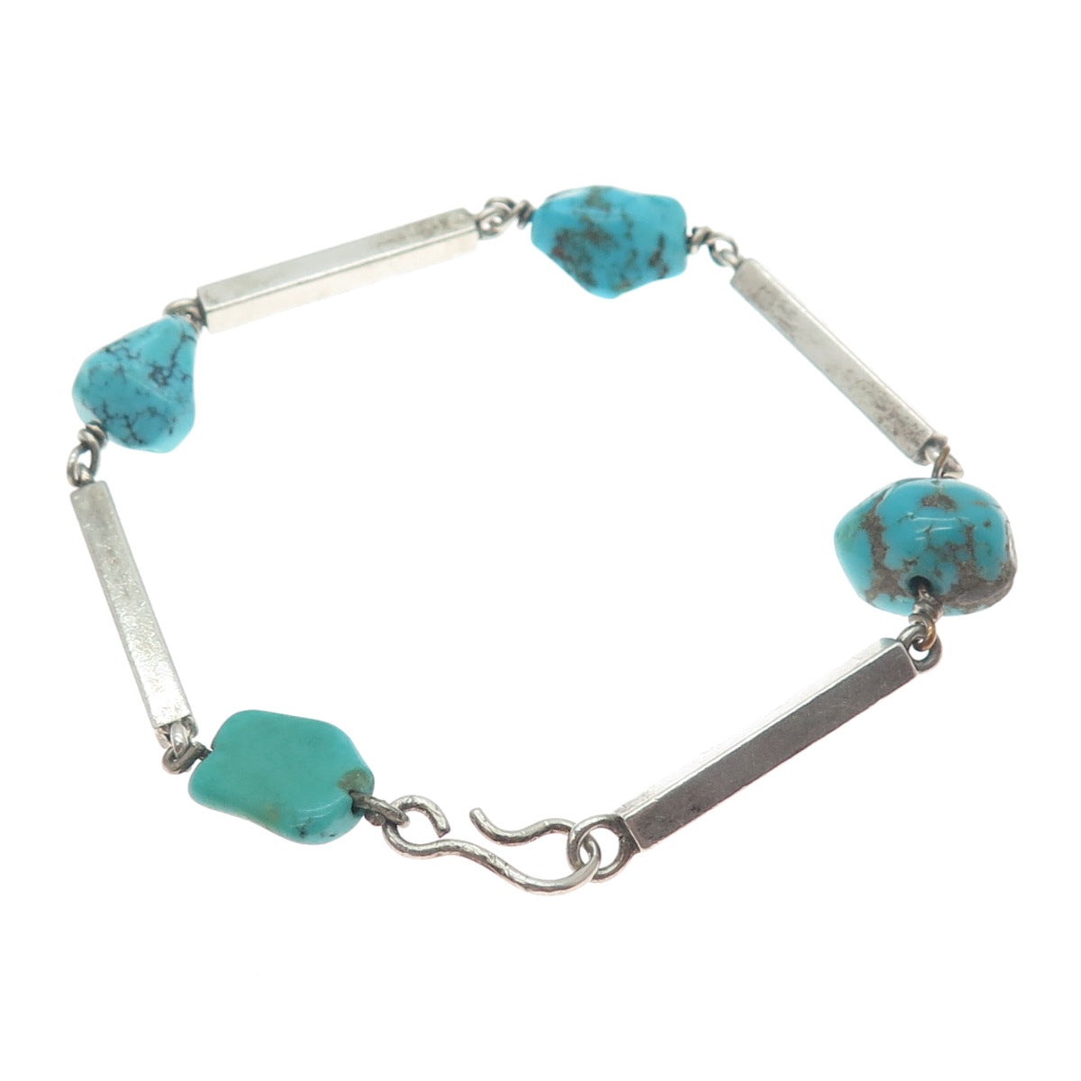 925 Sterling Silver Vintage Real Kingman Turquoise Bar Link Bracelet 7.5"