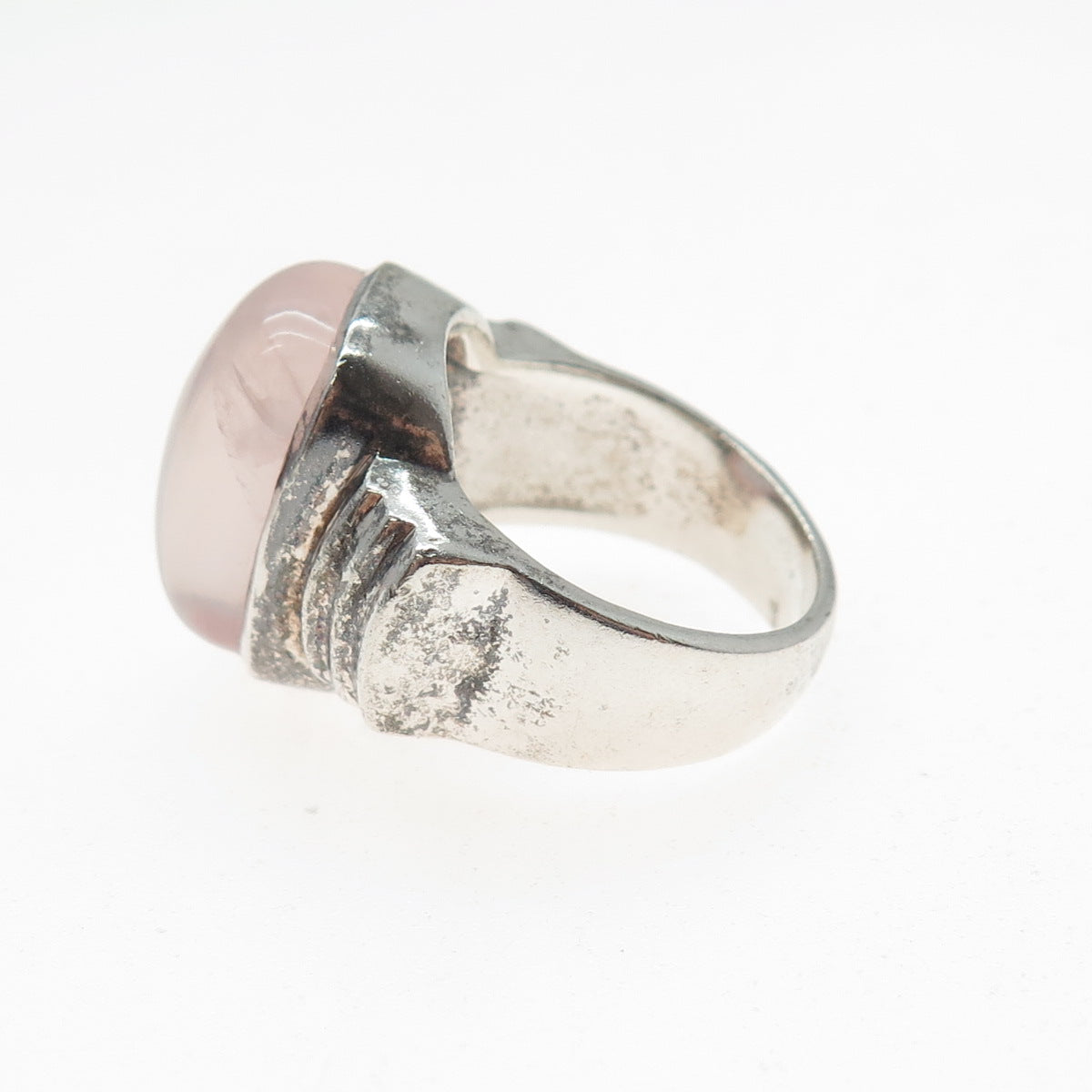925 Sterling Silver Vintage Real Rose Quartz Modernist Oxidized Ring Size 9.5