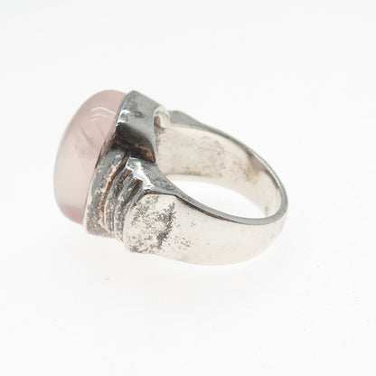 925 Sterling Silver Vintage Real Rose Quartz Modernist Oxidized Ring Size 9.5