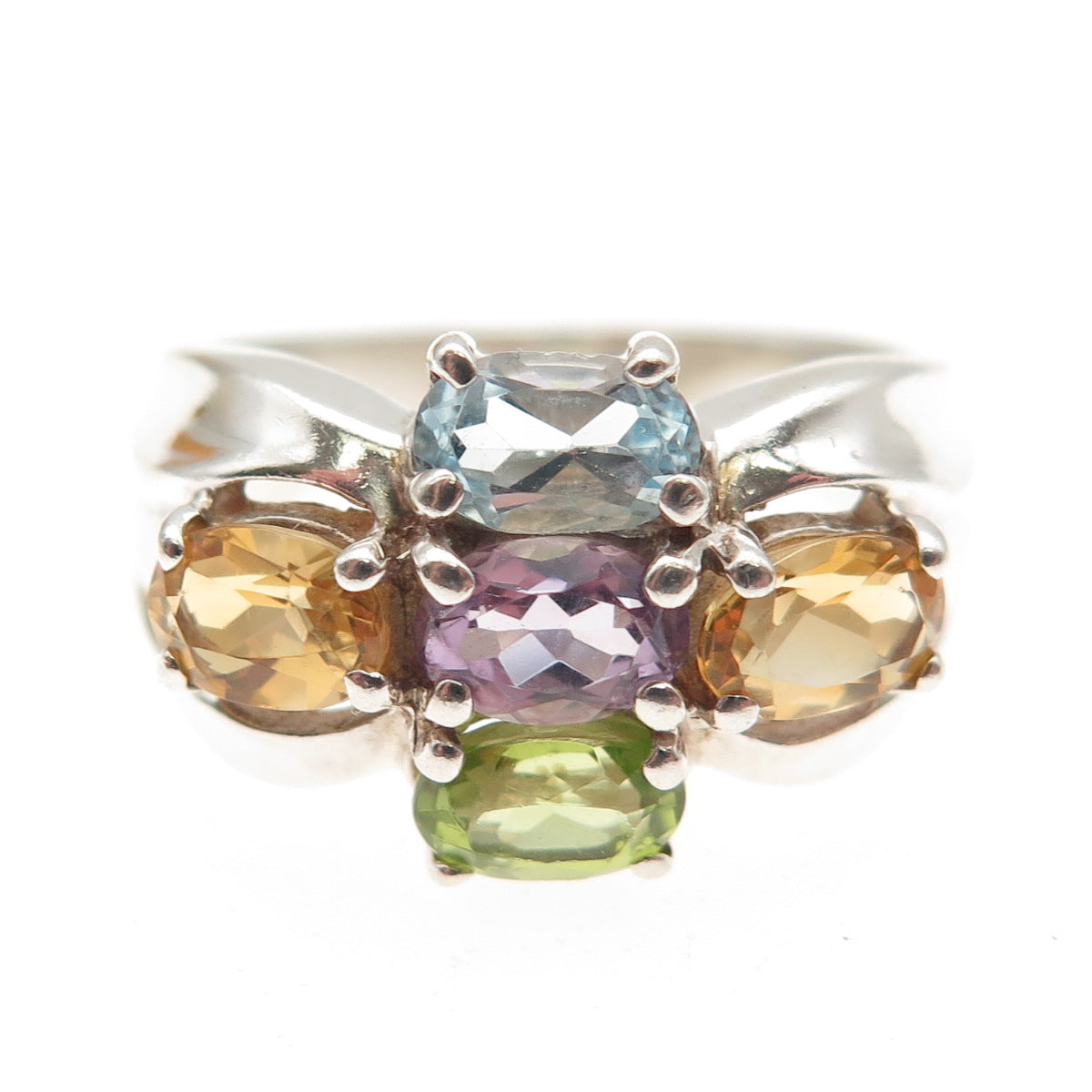 925 Sterling Silver Vintage Real Blue Topaz Amethyst Peridot Citrine Ring Size 8