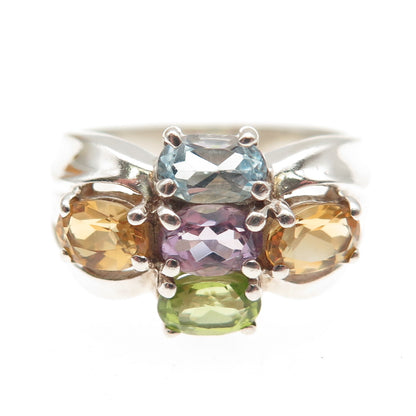 925 Sterling Silver Vintage Real Blue Topaz Amethyst Peridot Citrine Ring Size 8