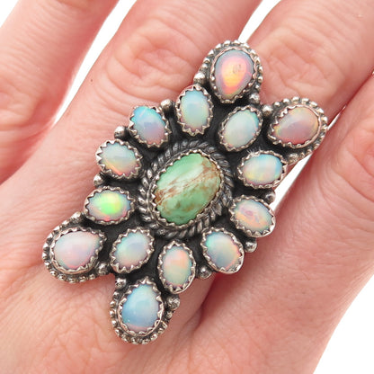 925 Sterling Silver Vintage Real Turquoise & Opal Adjustable Ring Size 7.5