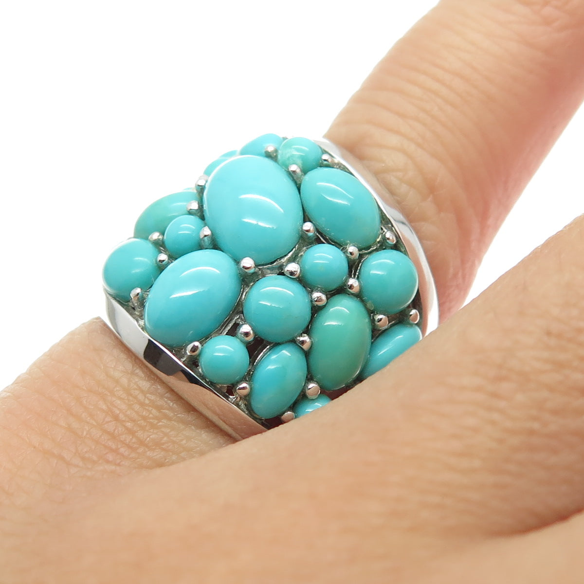 925 Sterling Silver Real Sleeping Beauty Turquoise Cluster Ring Size 5