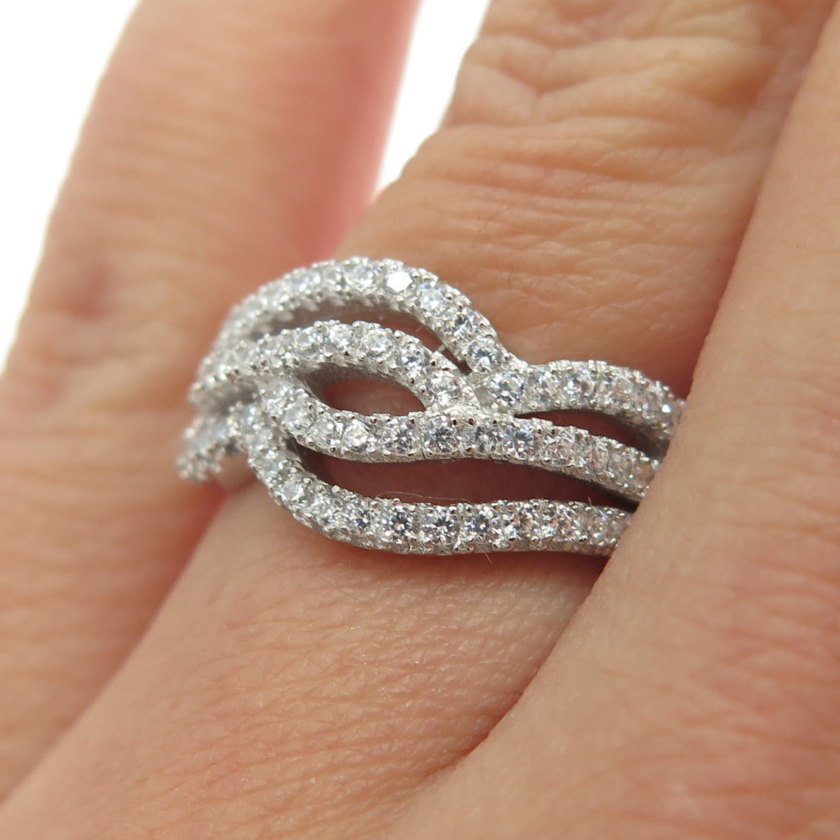 925 Sterling Silver Pave C Z Wavy Ring Size 6.25