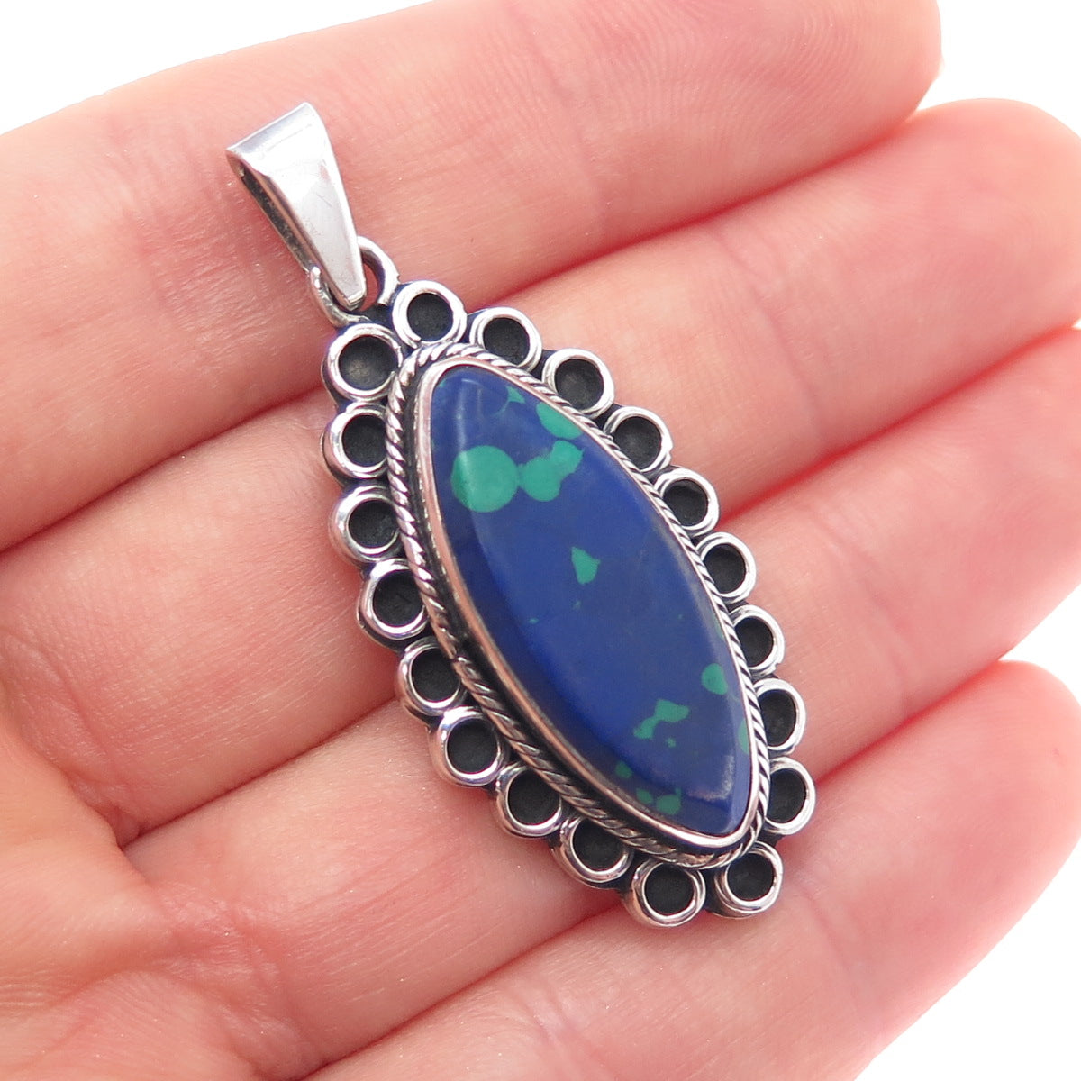 925 Sterling Silver Vintage Mexico Real Azurite Oxidized Charm Pendant