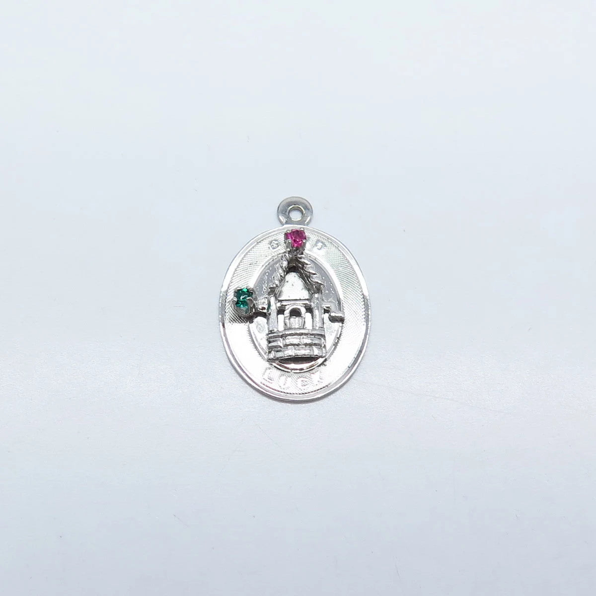 925 Sterling Silver Vintage Pink & Green Rhinestone "Good Luck" Charm Pendant