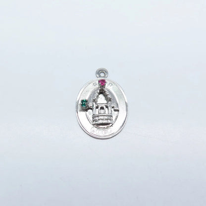 925 Sterling Silver Vintage Pink & Green Rhinestone "Good Luck" Charm Pendant