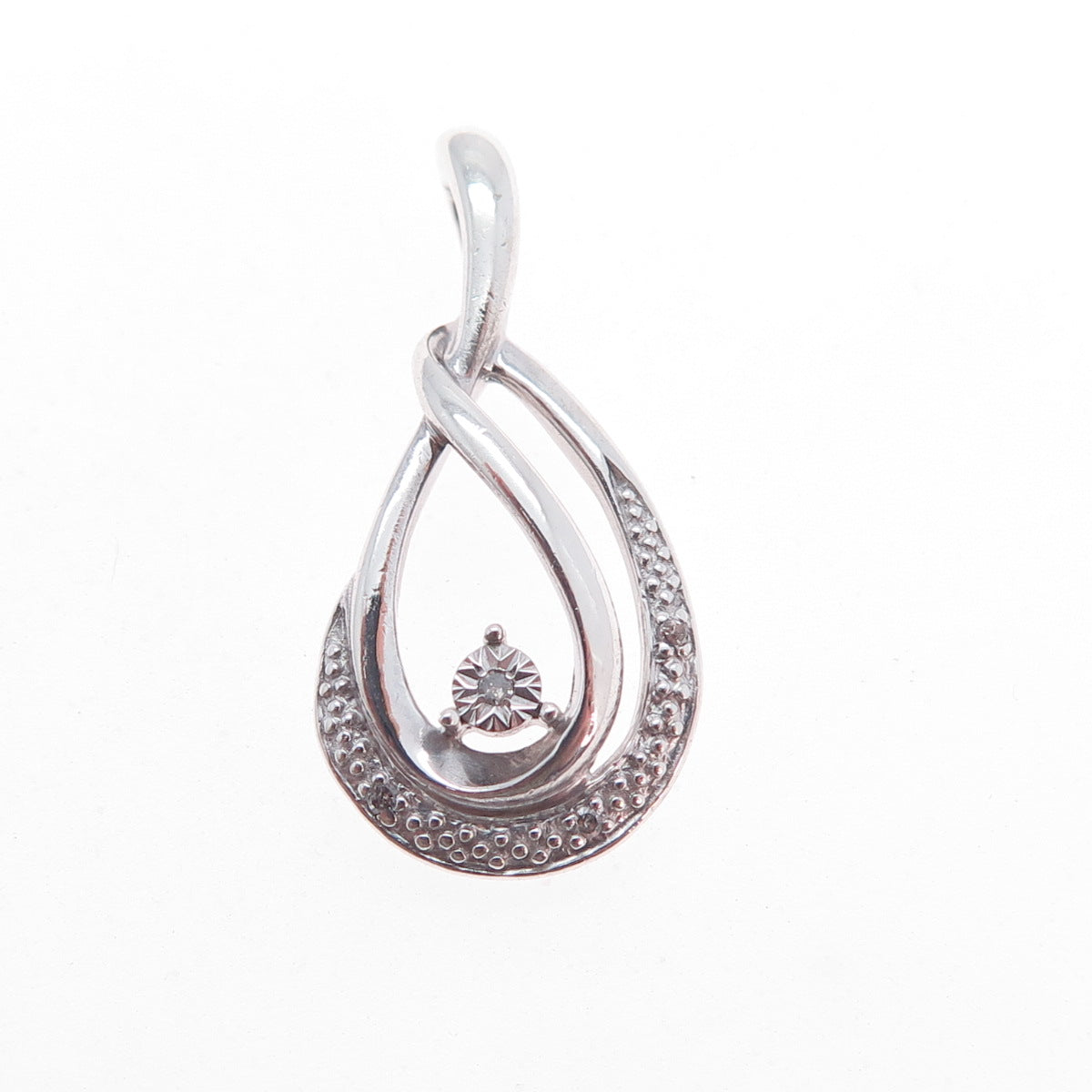 925 Sterling Silver Real Round-Cut Diamond Teardrop Charm Pendant