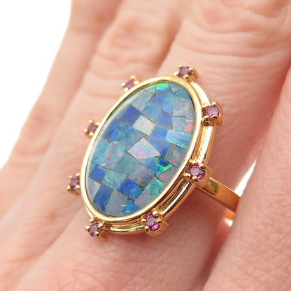 DASAN 925 Sterling Silver Gold Plated Real Opal Inlay & Amethyst Ring Size 9