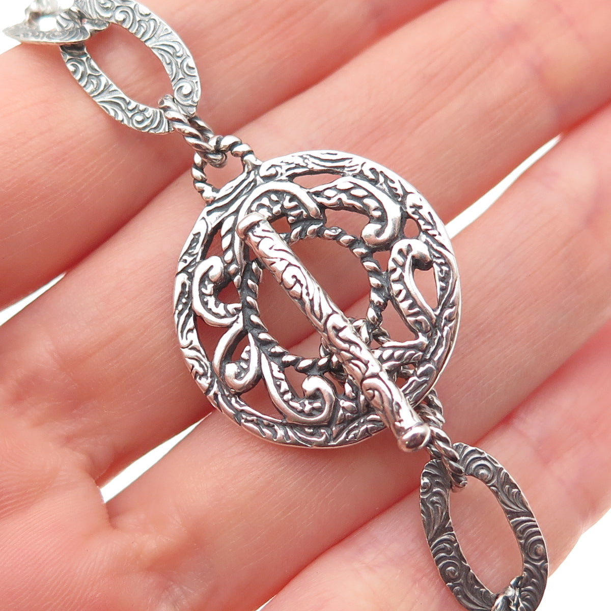 Carolyn Pollack 925 Sterling Silver Vintage Ornate Disc Chain Necklace 18"