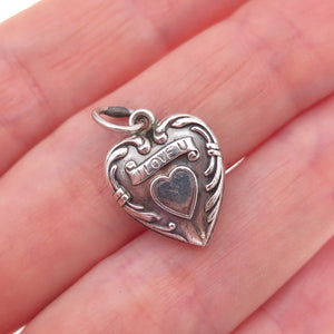 925 Sterling Silver Antique Art Deco I Love You Heart Chatelaine Charm Pendant