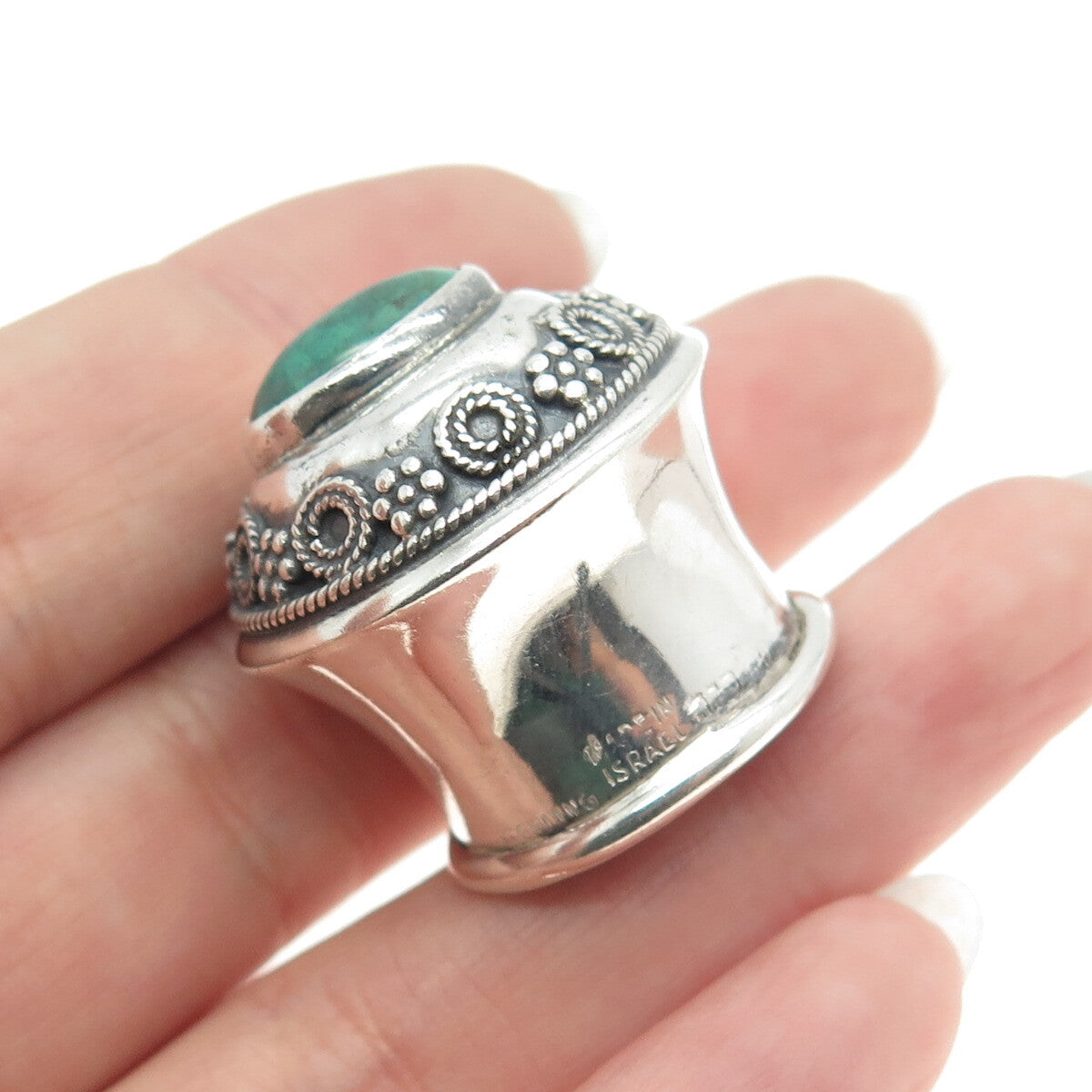 925 Sterling Silver Vintage Israel Real Turquoise Gemstone Flask / Jar Cap