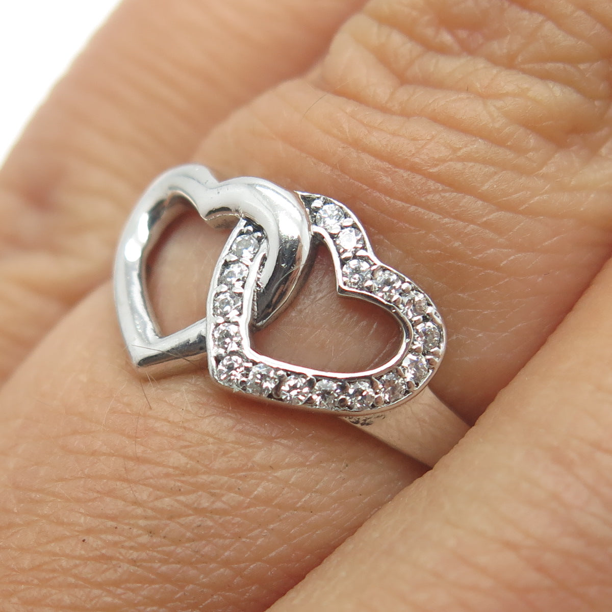 925 Sterling Silver Round-Cut Shaped C Z Couple of Hearts Ring Size 5.25