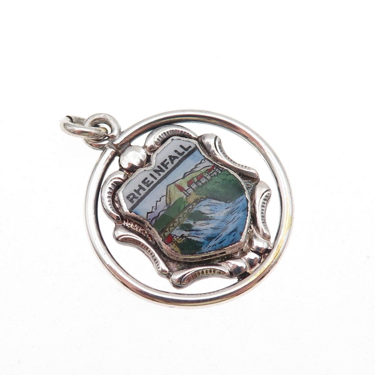 925 Sterling Silver Antique Art Deco Enamel Rhine Falls Switzerland Pendant
