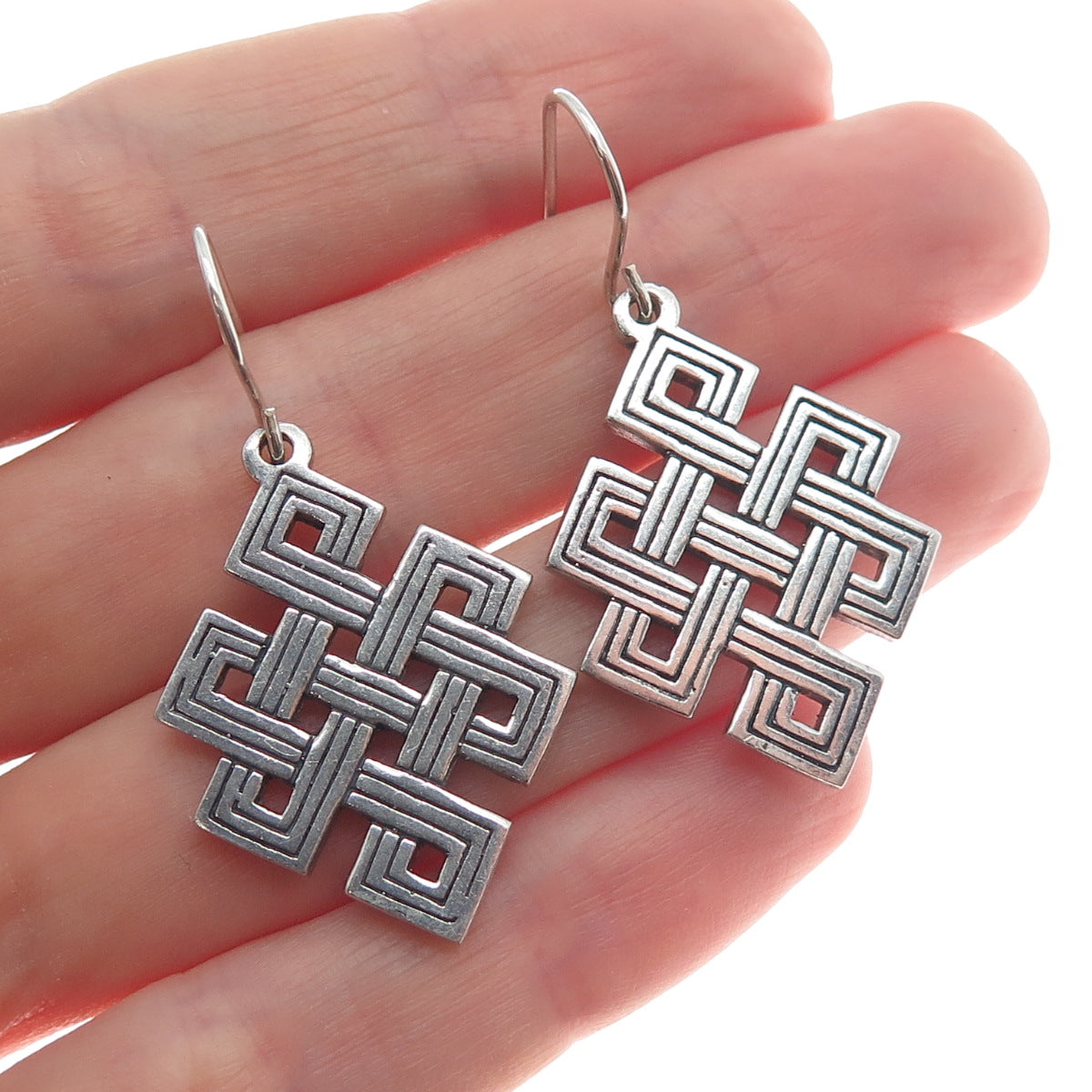 925 Sterling Silver Vintage Endless Knot Dangle Hook Earrings