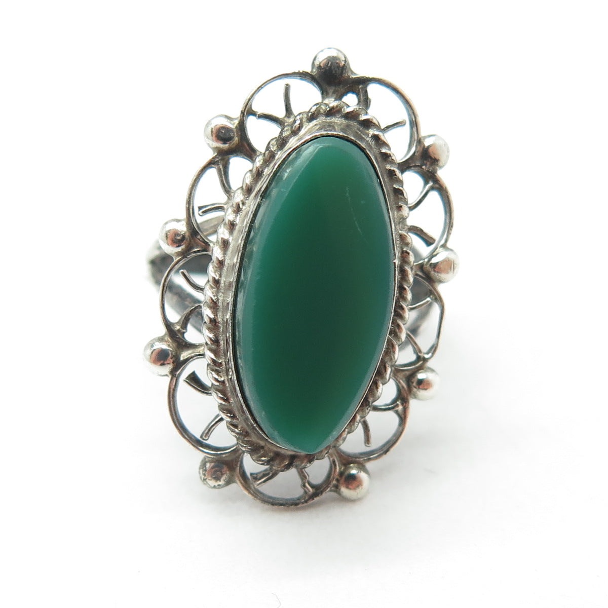 925 Sterling Silver Vintage Mexico Real Green Onyx Oxidized Ring Size 3.25