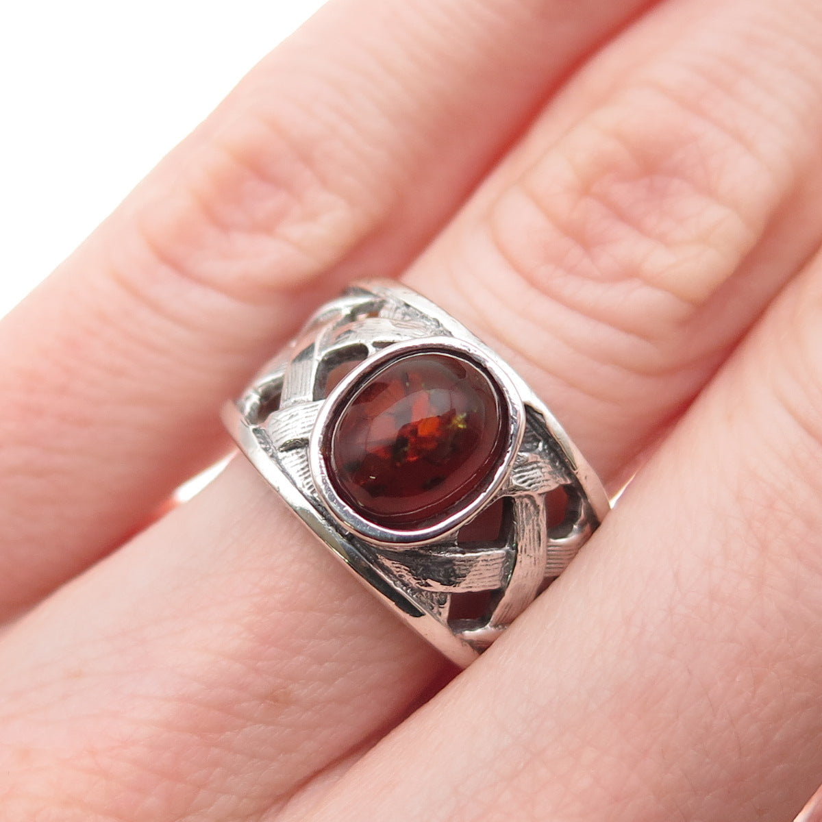 925 Sterling Silver Vintage Real Amber Woven Oxidized Ring Size 5.5