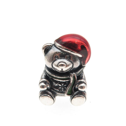 PANDORA 925 Sterling Silver Enamel Christmas Bear Slide Bead Charm