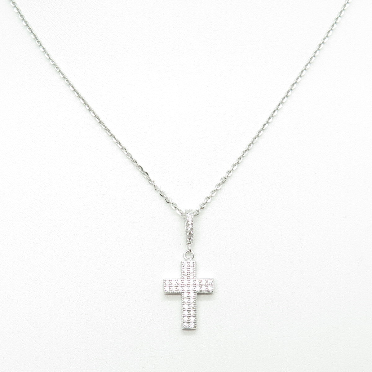 925 Sterling Silver Italy Round-Cut C Z Sparkle Cross Cable Chain Necklace 16"