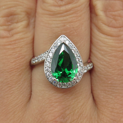 925 Sterling Silver Green Pear-Cut & White Round-Cut Shaped C Z Ring Size 8