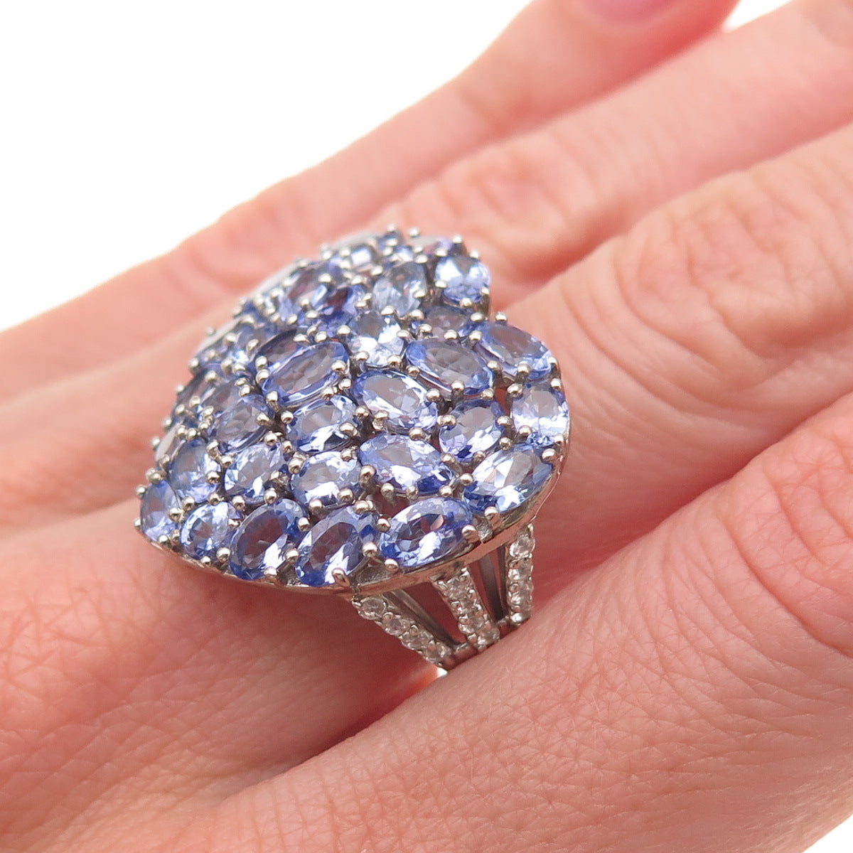 D'Joy 925 Sterling Silver Real Tanzanite & White Topaz Heart Cluster Ring Size 8