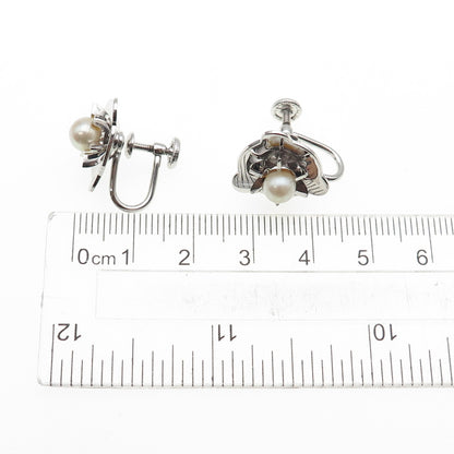 925 Sterling Silver Antique Art Deco Real Pearl Flower Screw Back Earrings