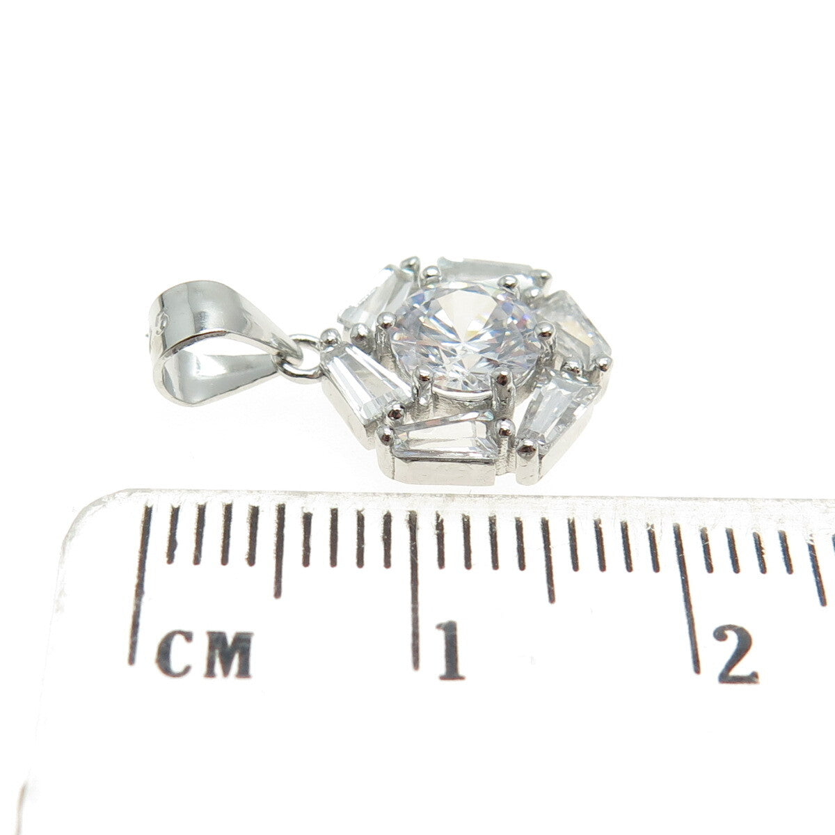 925 Sterling Silver Tapered Baguette & Round-Cut C Z Minimalist Pendant