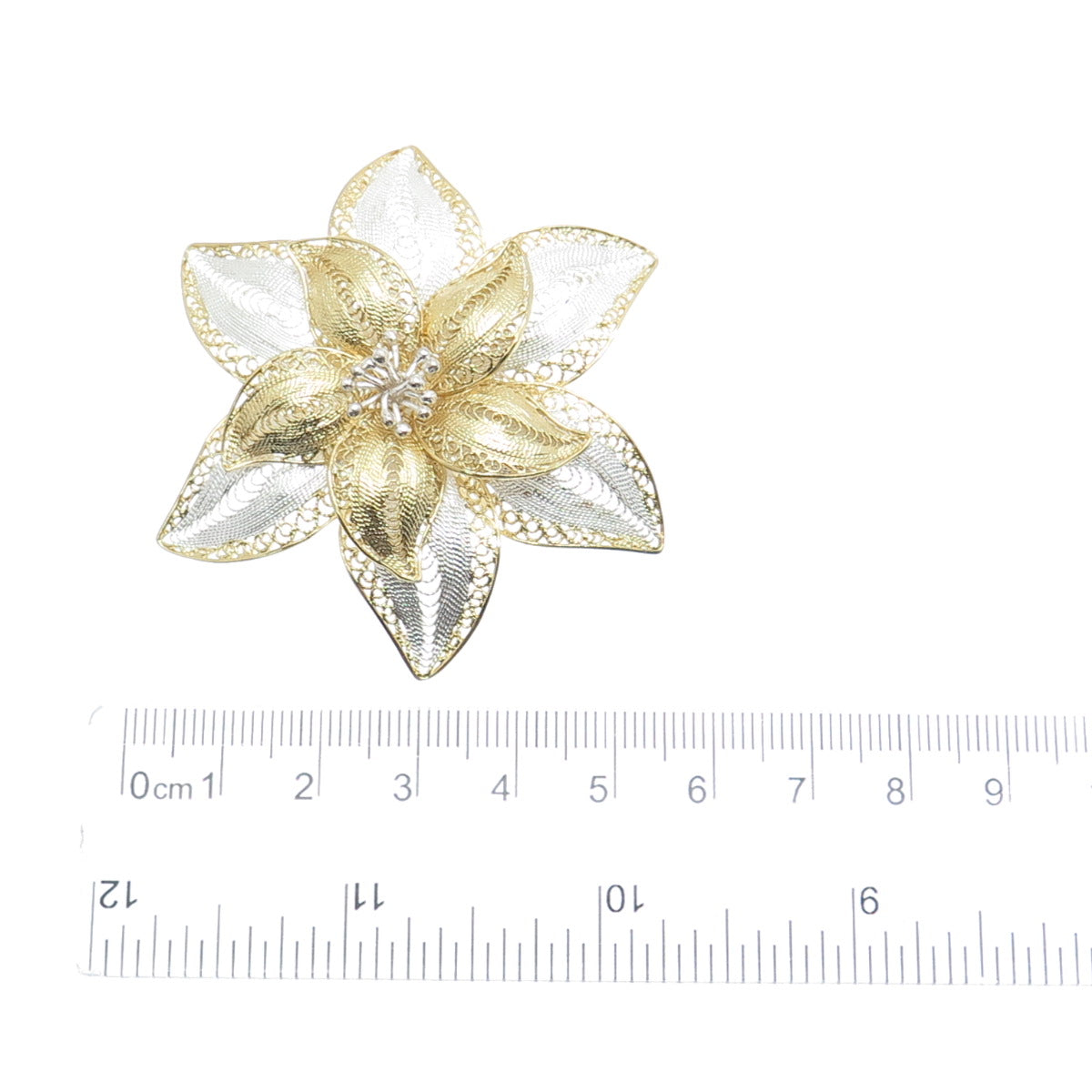 ASJ MAURITIUS 925 Sterling Silver 2-Tone Vintage Filigree Floral Pin Brooch