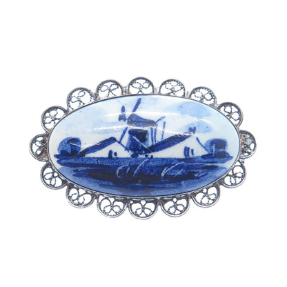 DELFT 835 Silver Vintage Ceramic Old Mill Filigree Pin Brooch
