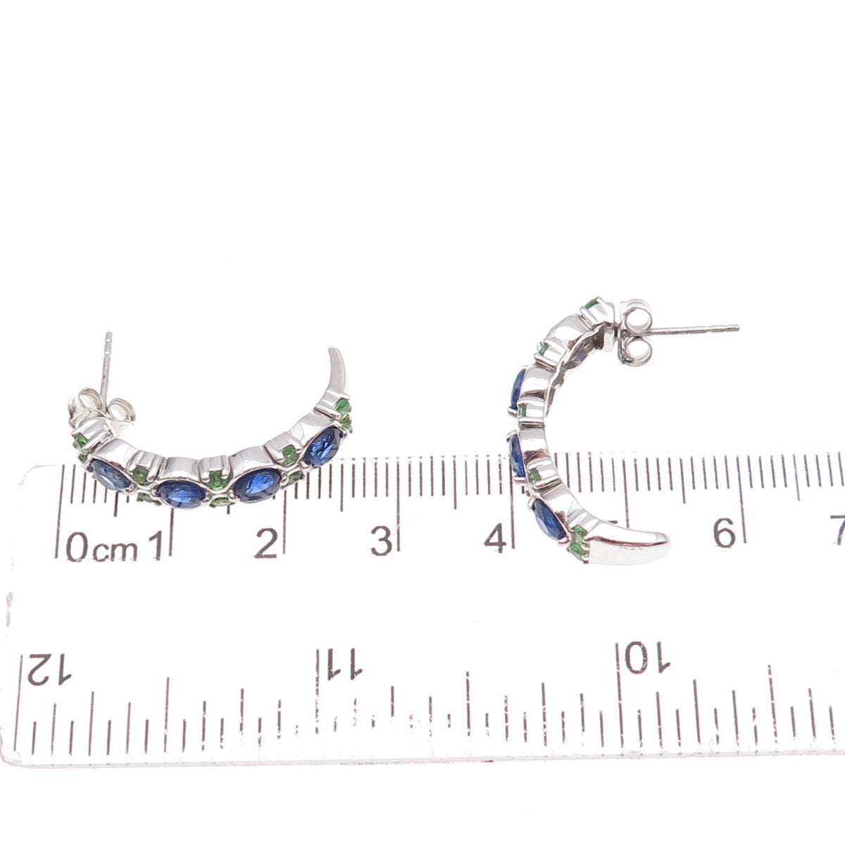 925 Sterling Silver Real Round-Cut Sapphire & Tsavorite Crescent Earrings