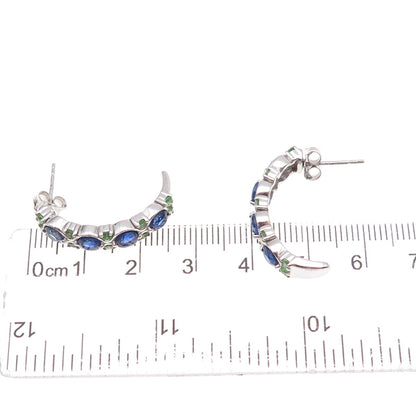 925 Sterling Silver Real Round-Cut Sapphire & Tsavorite Crescent Earrings