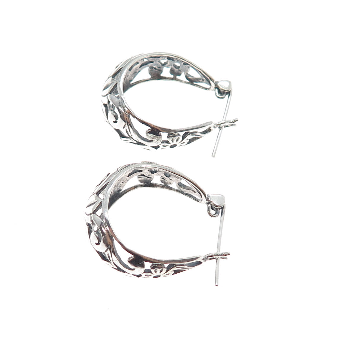 925 Sterling Silver Vintage Flower Oxidized Hoop Earrings