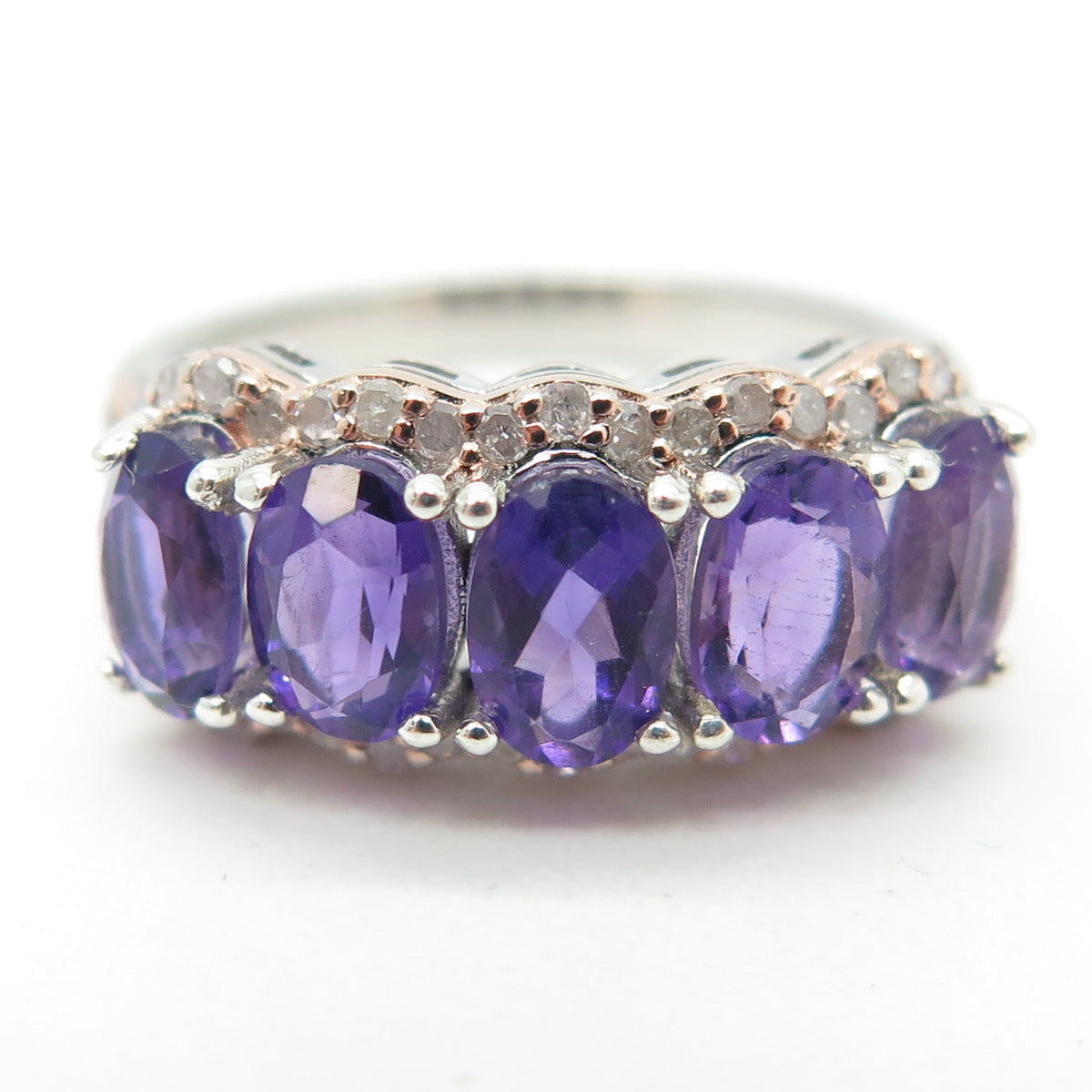 925 Sterling Silver 2-Tone Real Round-Cut Diamond & Amethyst Ring Size 7.25