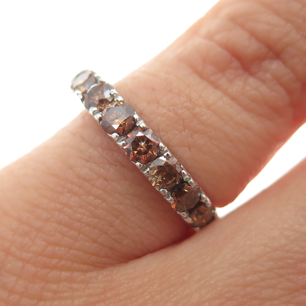 925 Sterling Silver Real Round-Cut Cognac Diamond Half Eternity Ring Size 5.25