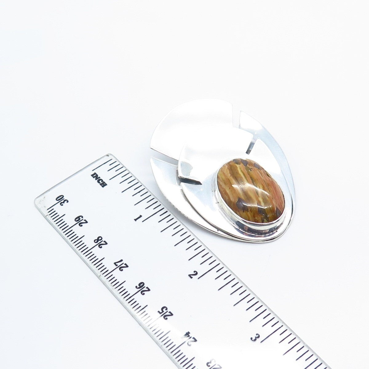 925 Sterling Silver Vintage E. ALLEN Real Brown Agate Gemstone Pin Brooch