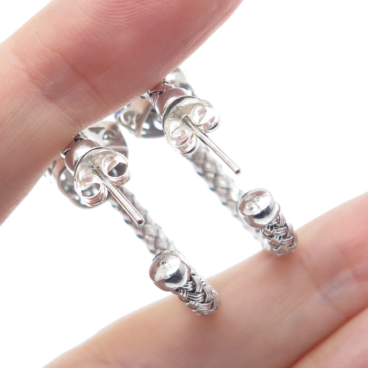 925 Sterling Silver Real Diamond & Murano Glass Evil's Eye Woven Hoop Earrings