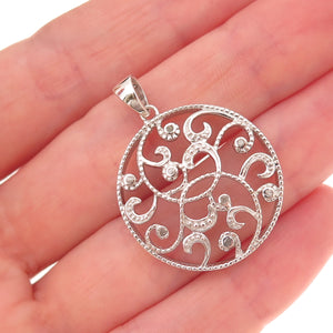 925 Sterling Silver Real Round-Cut Diamond Floral Scroll Charm Pendant
