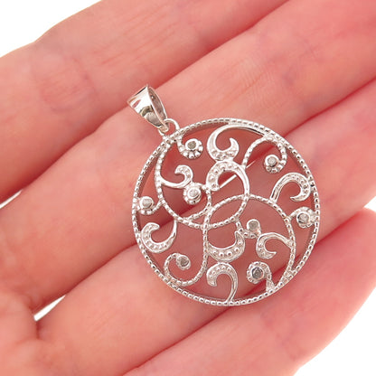 925 Sterling Silver Real Round-Cut Diamond Floral Scroll Charm Pendant