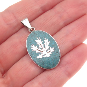 925 Sterling Silver Vintage Mexico Real Turquoise Inlay Cannabis Charm Pendant