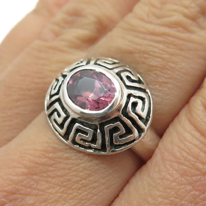 925 Sterling Silver Vintage Real Oval-Cut Tourmaline Greek Maze Ring Size 7.25