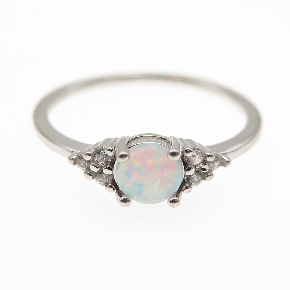 925 Sterling Silver Real Round-Cut Opal & C Z Ring Size 7