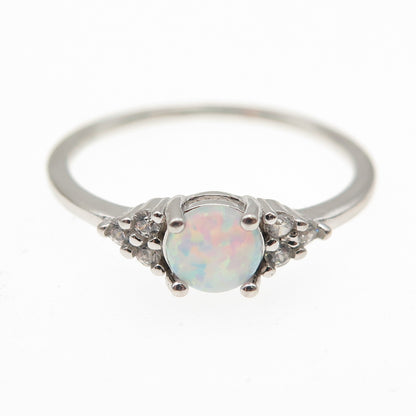 925 Sterling Silver Real Round-Cut Opal & C Z Ring Size 7