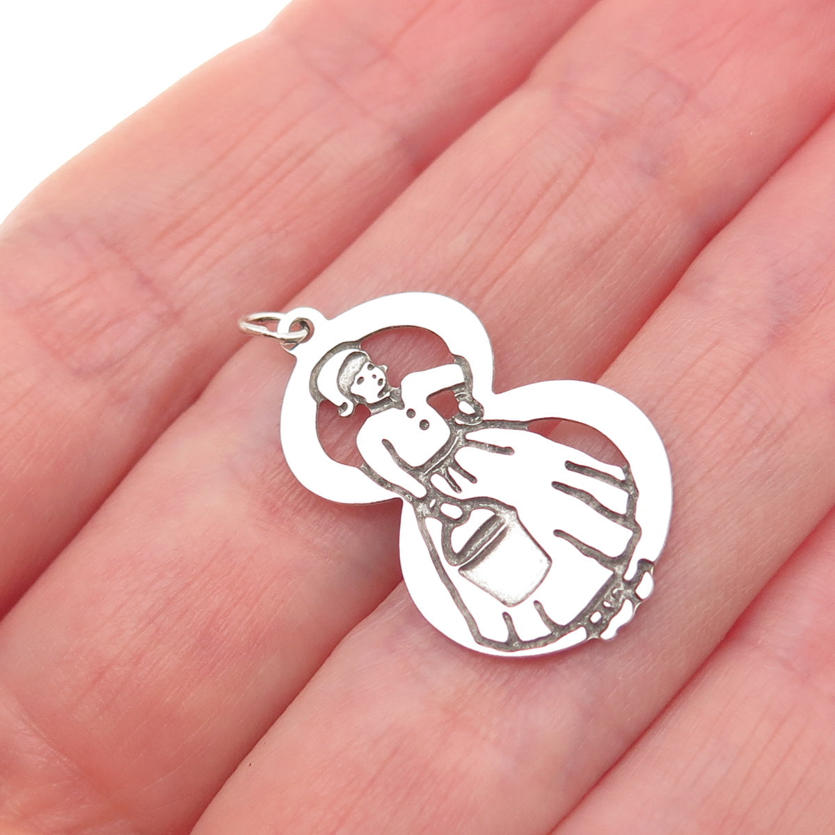 925 Sterling Silver Vintage Dutch Woman Lucky Number 8 Mini Charm Pendant